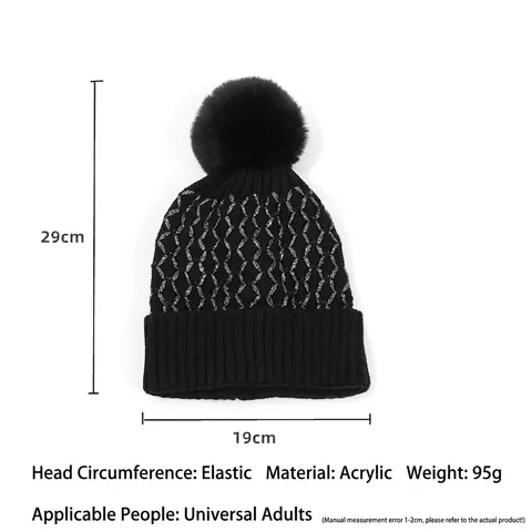Bonnet En Tricot D'Hiver En Acrylique Pour Femmes Avec Grand Pompon En Fausse Fourrure Motif À Carreaux En Fil D'Argent Revers