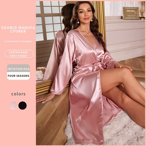 Vestaglia In Satin A Maniche Lunghe Da Donna Accappatoio In Finta Raso Scollo A V Elegante Camicia Da Notte Con Cintura
