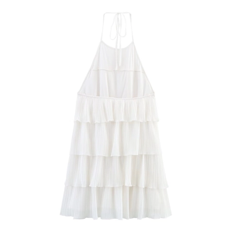 Women Halter Neck Tiered Mini Dress Pleated Chiffon Sleeveless Elegant Party Backless White