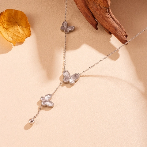 Elegant Butterfly Necklace And Bracelet Stainless Steel Y Chain Trendy Jewelry For Women Bead Tassel Carved Butterfly Charm