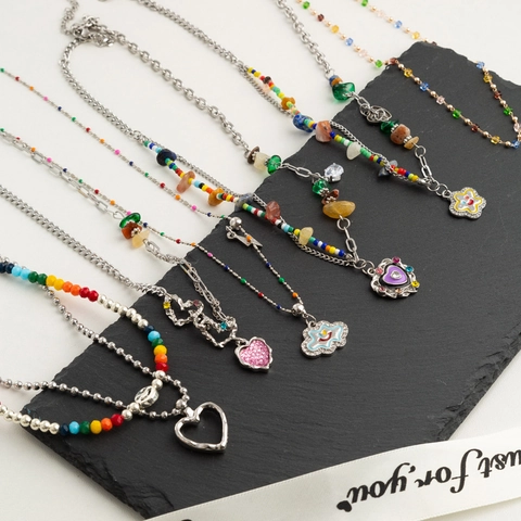 Y2K Dopamin Mehrfarbige Perlenkette Für Damen Titanstahl Herz Wolke Anhänger Süßer Cooler Ästhetik Schlüsselbein Kette Schmuck