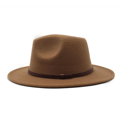 Classic Fedora Hat Vintage Wide Brim Woolen Felt Jazz Cap With Belt Buckle British Style For Men Women