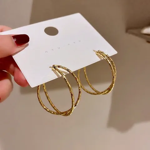 Dubbele In elkaar Grijpende Hoop Oorbellen Legering Met 925 Sterling Zilveren Oorbel Post Gehamerd Textuur Retro Minimalistisch Voor Vrouwen