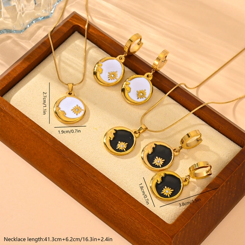 Zon Maan Ster Ketting En Hoop Oorbellen Roestvrij Staal Emaille Rhinestone Verguld Celestiale Sieraden Voor Vrouwen