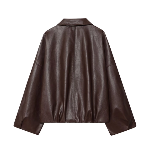 Vrouwen Vintage Kunstleren Jas Met Riem En Zakken Donkerbruin Losse Pasvorm Revers Lange Mouwen PU Moto Biker Bovenkleding