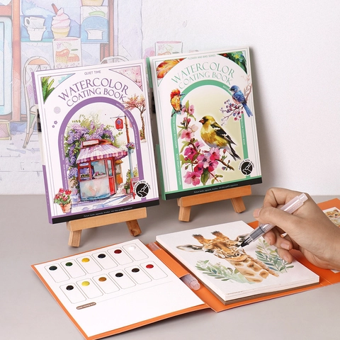 Portable Watercolor Coloring Book Tri Fold Painting Paper With Solid Paint Card And Water Brush Pen Art Supplies For Adults