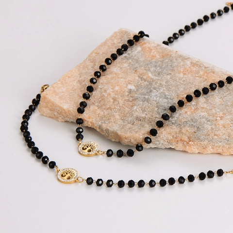 Lebensbaum Rund-Anhänger Halskette Und Armband Mit Schwarzen Glasperlen Vergoldeter Edelstahl Straß Modeschmuck