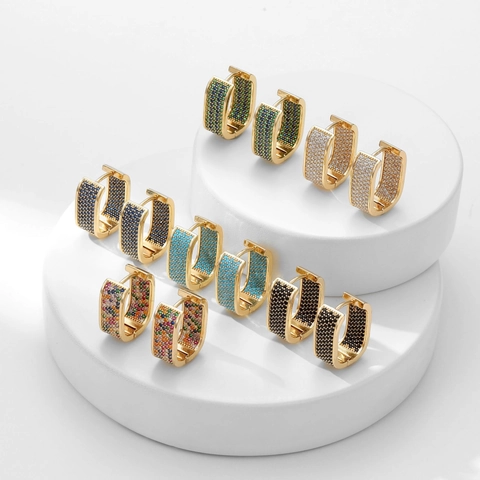 Copper Huggie Hoop Earrings Rectangular U-Shape Micro-Pave Colorful Cubic Zirconia Minimalist Elegant Women Jewelry