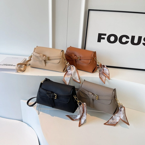 Pebbled PU Leather Shoulder Bag For Women With Satin Scarf Decor Retro Solid Color Crossbody Flap Bag Elegant Casual Fashion