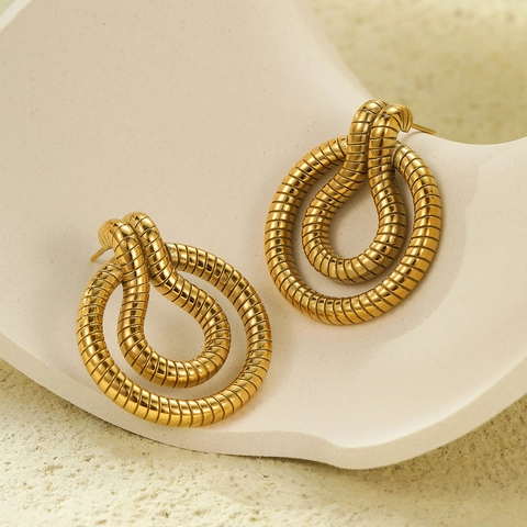 Vintage Stainless Steel Twisted Spiral Earrings 18K Gold Plated Geometric Ribbed Round Stud Earrings For Women Jewelry Gift