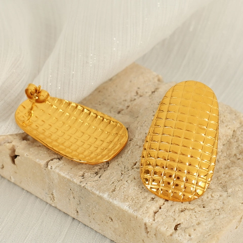 Pendientes De Aro Dorados De Acero Inoxidable Espiral Geométricos Textura De Rejilla Para Mujeres Joyas De Moda