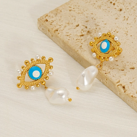 Evil Eye Hängeohrringe Edelstahl 18K Vergoldet Künstliche Barockperle Schmuck Böhmischer Ins Stil Für Frauen