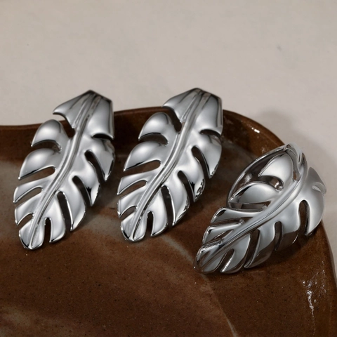 Orecchini E Anello Aperto Foglia Di Monstera Acciaio Inossidabile Placcato Oro Per Donne Impermeabile Vintage Design Minimalista