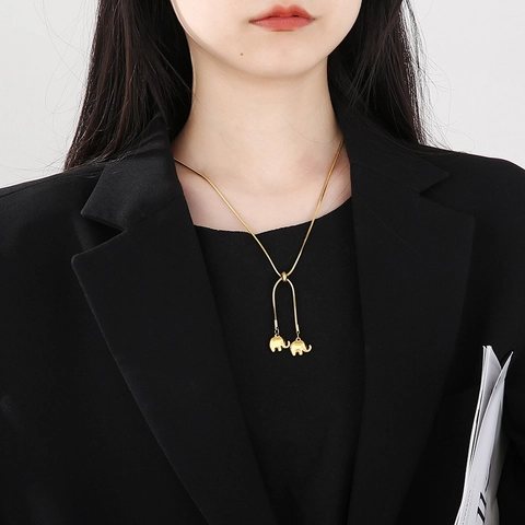 Adjustable Elephant Pendant Necklace Stainless Steel Snake Chain Sliding Bead Bolo Style Jewelry For Women