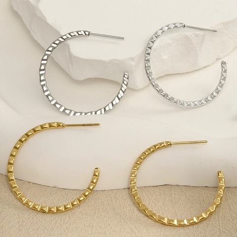 Fashion 304 Stainless Steel Textured C-Shaped Hoop Earrings Exaggerated Geometric Hammered Pattern Gold Silver Plated Jewelry