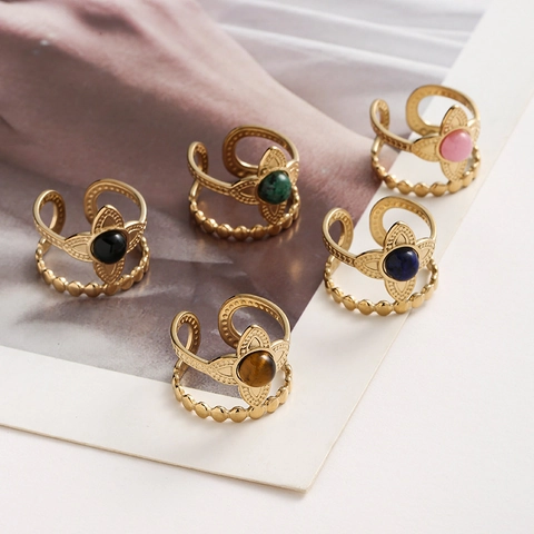 Anello Aperto In Acciaio Inossidabile Fiore Vintage Per Donna Placcato Oro Doppio Strato Fascia Perlata Regolabile Pietra Colorata