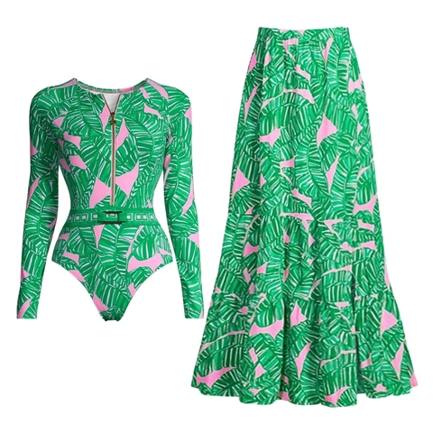 Costume Da Bagno Rash Guard A Maniche Lunghe Da Donna Stampa Tropicale Cerniera Frontale Surf Con Cintura Gonna Shorts