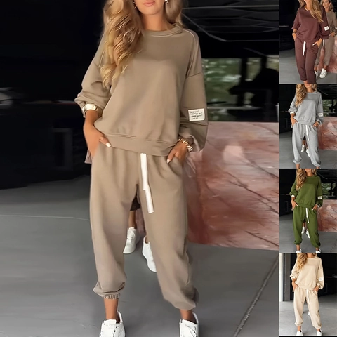 Women Loungewear Knit Long Sleeve Round Neck Sweatshirt And High Waist Drawstring Jogger Pants Solid Color