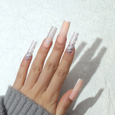 Uñas Postizas De Navidad Largas Ataúd Rosa Mate Plata Purpurina Copo De Nieve Invierno Uñas Postizas Mujeres