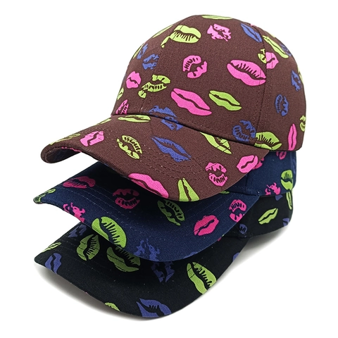 Baseball Cap Polyester Colorful Lip Print Neon Pattern Curved Brim Adjustable Outdoor Casual Hat For Women Men