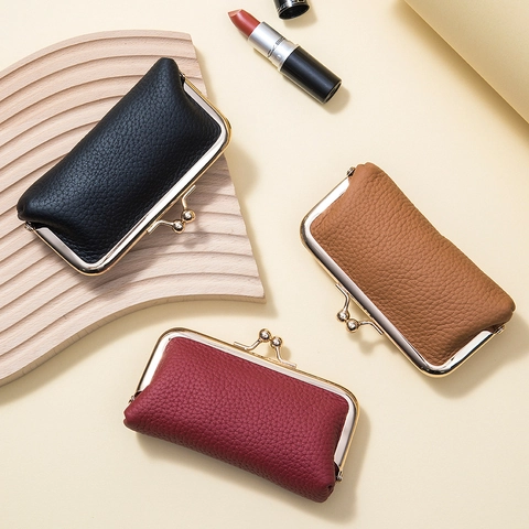 Vintage Top Layer Cowhide Leather Coin Purse Mini Kiss Lock Lipstick Storage Bag Small Pebbled Texture Wallet For Women