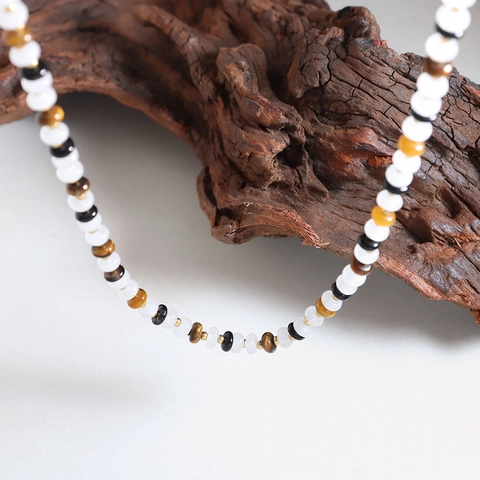 Beaded Necklace Natural Tiger's Eye White Jade Black Agate Titanium Steel Bohemian Minimalist Jewelry For Women