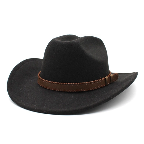 Western Cowboy Hat Wool Felt Wide Brim Vintage Fedora Jazz Cap With Leather Belt Buckle For Men Women Outdoor
