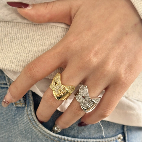 Hip Hop Belt Buckle Ring Punk Rhinestone Inlaid Adjustable Copper Finger Ring Luxury Fashion Jewelry Women Men Accessories