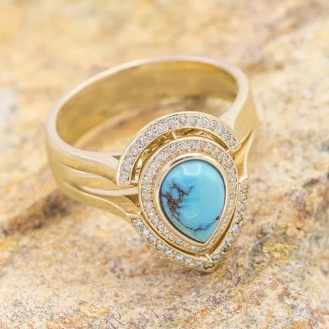 Retro Bohemian Pear Cut Imitation Turquoise Ring Copper With Zircon Teardrop Geometric Vintage Jewelry For Women