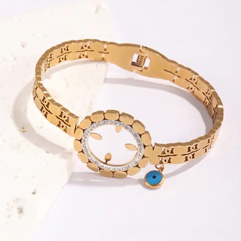 Elegant Gold Plated Titanium Steel Hollow Bangle Bracelet With Blue Evil Eye Charm And Sparkling Zircon Inlay Bohemian