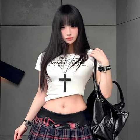 Collar Con Colgante De Cruz Negra Aleación Mate Cadena De Bolas Larga Gótico Punk Y2K Streetwear Joyería Mujeres