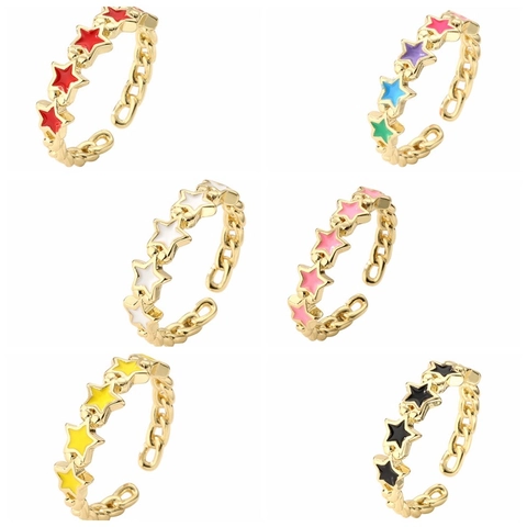 Enamel Star Evil Eye Adjustable Open Ring Gold Plated Copper With Colorful Cubic Zirconia Fashion Jewelry Women