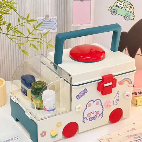 Cute Ambulance Shaped Medicine Box Double Layer Plastic Portable First Aid Kit Storage Organizer For Home Kids