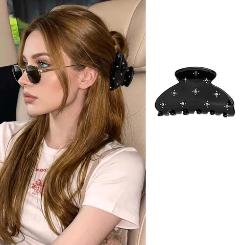 Black Semicircular Hair Claw Clip Rhinestone Starry Elegant Glossy Plastic Shark Clip For Women Girls Half Tie Hair Accessory