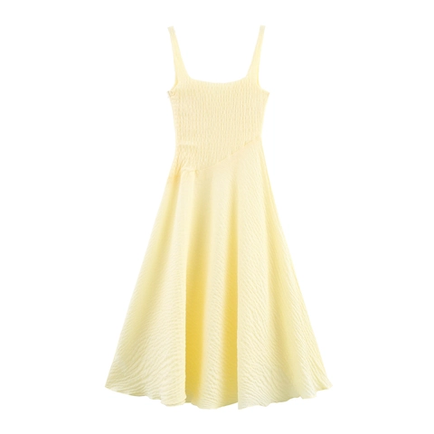 Vestido Largo Texturizado Con Fruncido Tirantes Finos Color Sólido Cuello En V Sin Mangas Dobladillo Irregular Verano