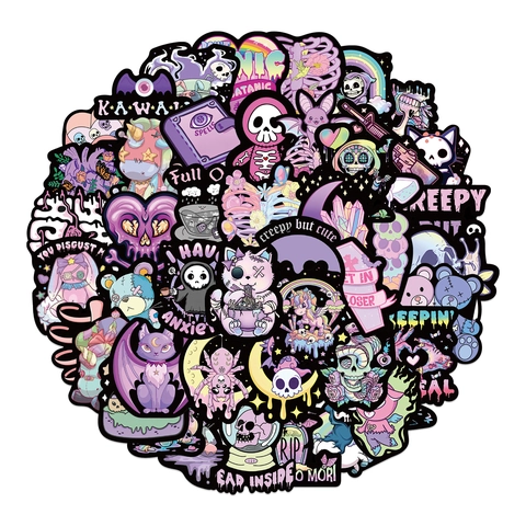 Pegatinas Góticas Púrpura Oscuro PVC Impermeables Calcomanías de Vinilo Para Portátil Equipaje Teléfono Scrapbook Pastel Goth Creepy Cute Aesthetic Regalo