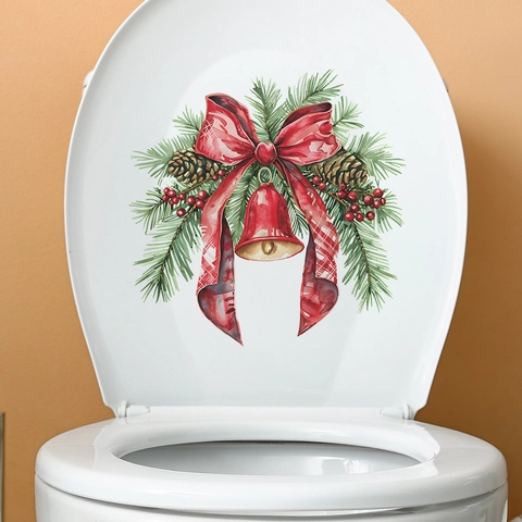 Stickers Abattant WC Noël PVC Autocollants Muraux Amovibles Pomme De Pin Nœud Cloche Décoration Maison Fête