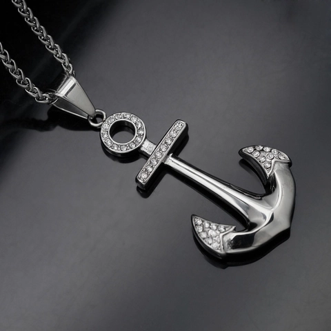 Collar Con Colgante De Ancla Hip Hop De Acero Inoxidable Con Cristales Brillantes Cadena De Torsión Para Hombre