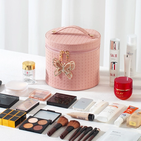 Portable PU Leather Makeup Bag With LED Mirror Adjustable Lighting Waterproof Travel Toiletry Case Woven Butterfly Box