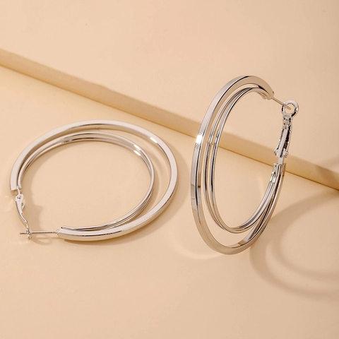 Boucles Doreilles Créoles Doubles Rondes Alliage Avec Tige En Argent Bijoux Géométriques Minimalistes Pour Femmes