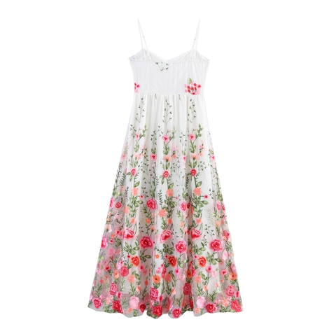 Abito Lungo Donna Elegante Bianco Ricamo Floreale Mesh Scollo A V Spalline Sottili Bottoni Di Künstliche Perle Dolce