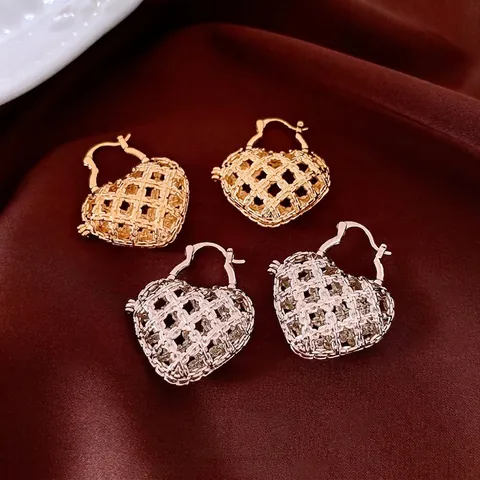 Hart Hoop Oorbellen Koper Holle Maas Vlechtpatroon Vintage Luxe Stijl Sieraden Voor Dames