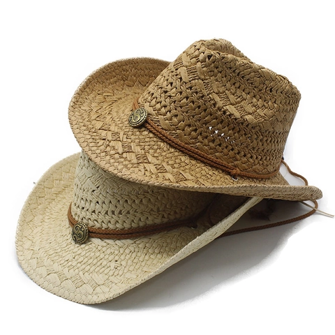Western Cowboy Hat Paper Straw Hollow Out Wide Brim Foldable Sunscreen Beach Vintage Style For Men Women