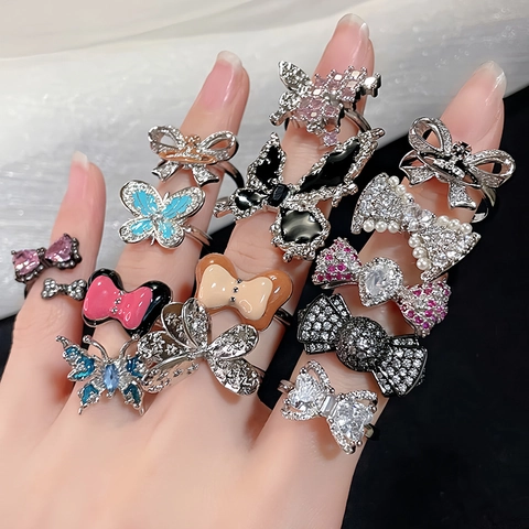 Anillo Abierto de Mariposa de Cobre Elegante Francés para Mujer Lazo Ajustable de Esmalte Circonia Strass Joyas de Lujo Anillo de Dedo