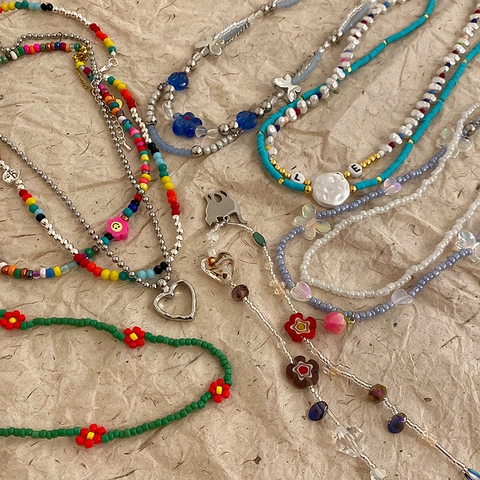Collana Di Perline Boho Per Donna Lega Perline Di Semi Künstliche Perle Imitazione Multistrato Geometrico Cuore Fiore Gioielli