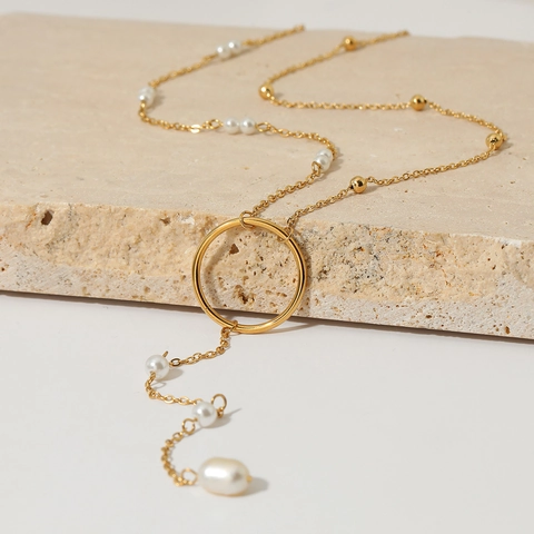 Collana Lariat Perla Artificial In Acciaio Inossidabile Ciondolo Anello Tondo Nappa Lunga Catena Maglione Minimalista Elegante Da Donna