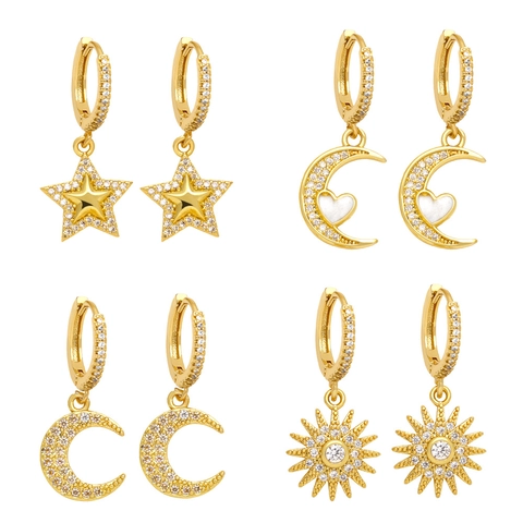 Vintage Kupfer Zirkonia Sonne Mond Stern Ohrhänger Für Damen Vergoldet Pendel Ohrringe Mode Himmlischer Schmuck Geschenk