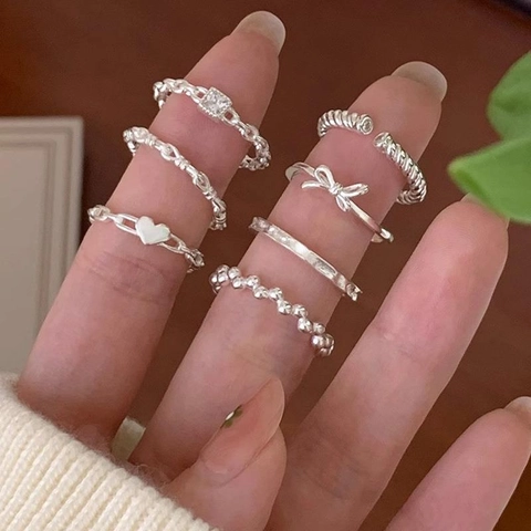 Set di Anelli Aperti Placcati in Argento Minimalisti Per Donna Cuore Fiocco Perla Artificiale Strass Anelli Regolabili