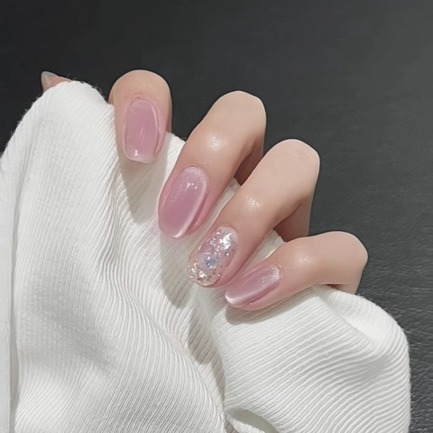 Press On Nails Pink Cat Eye Effect Glitter Sequins Short Square Round Shape Wearable Reusable Fake Nails For Women