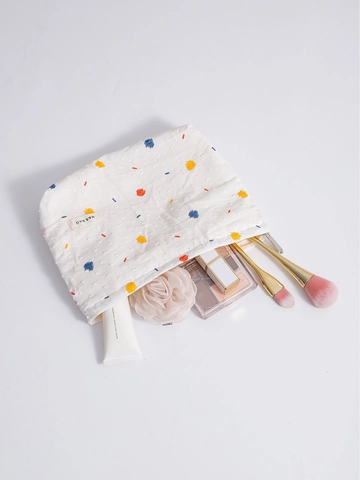 Trousse De Maquillage En Toile À Pois Pochette À Fermeture Éclair Organisateur De Voyage Pour Femmes Style Doux Blanc
